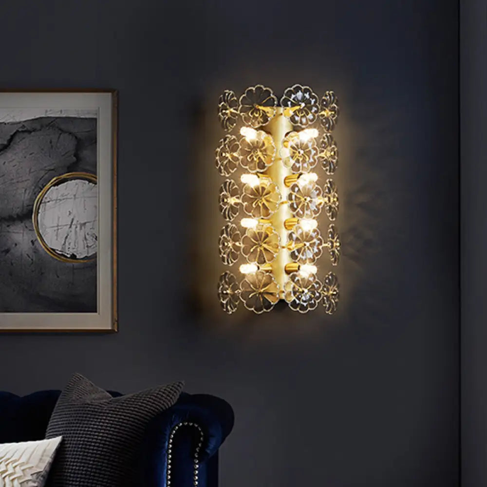 Minimalist Gold Floral Sconce Light With Crystal Shade - Wall Mount Lighting For Bedroom