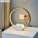 Minimalist Gold Hoop Led Table Lamp With Marble Block Pedestal