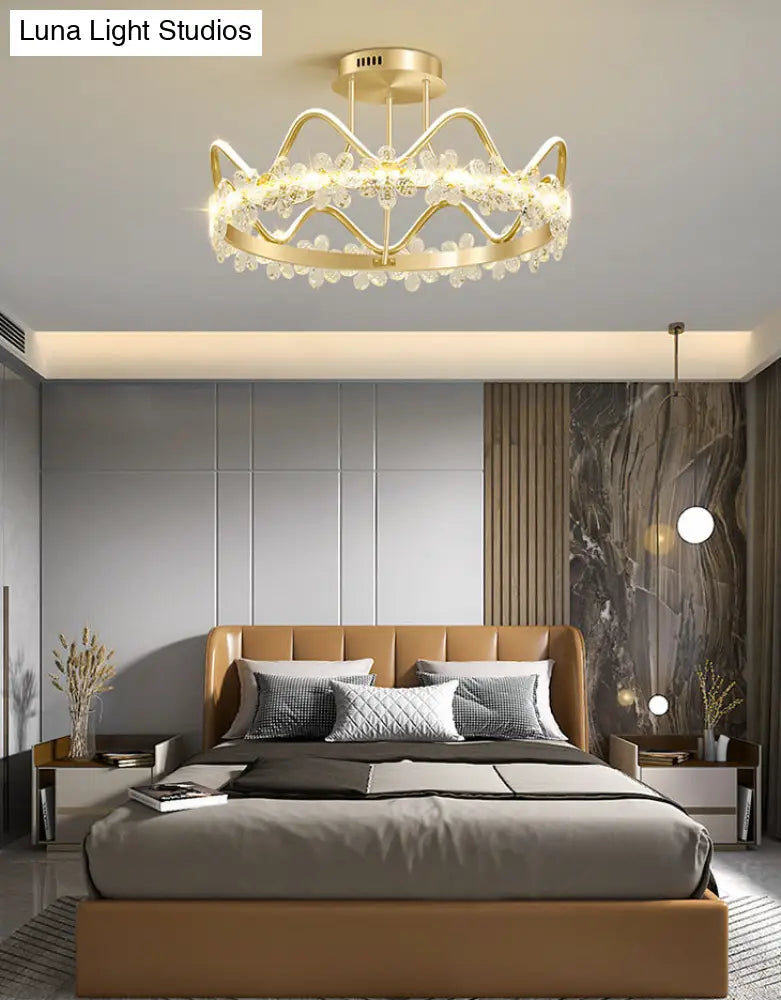 Minimalist Gold Led Ceiling Light With Crystal Flower Design For Bedroom