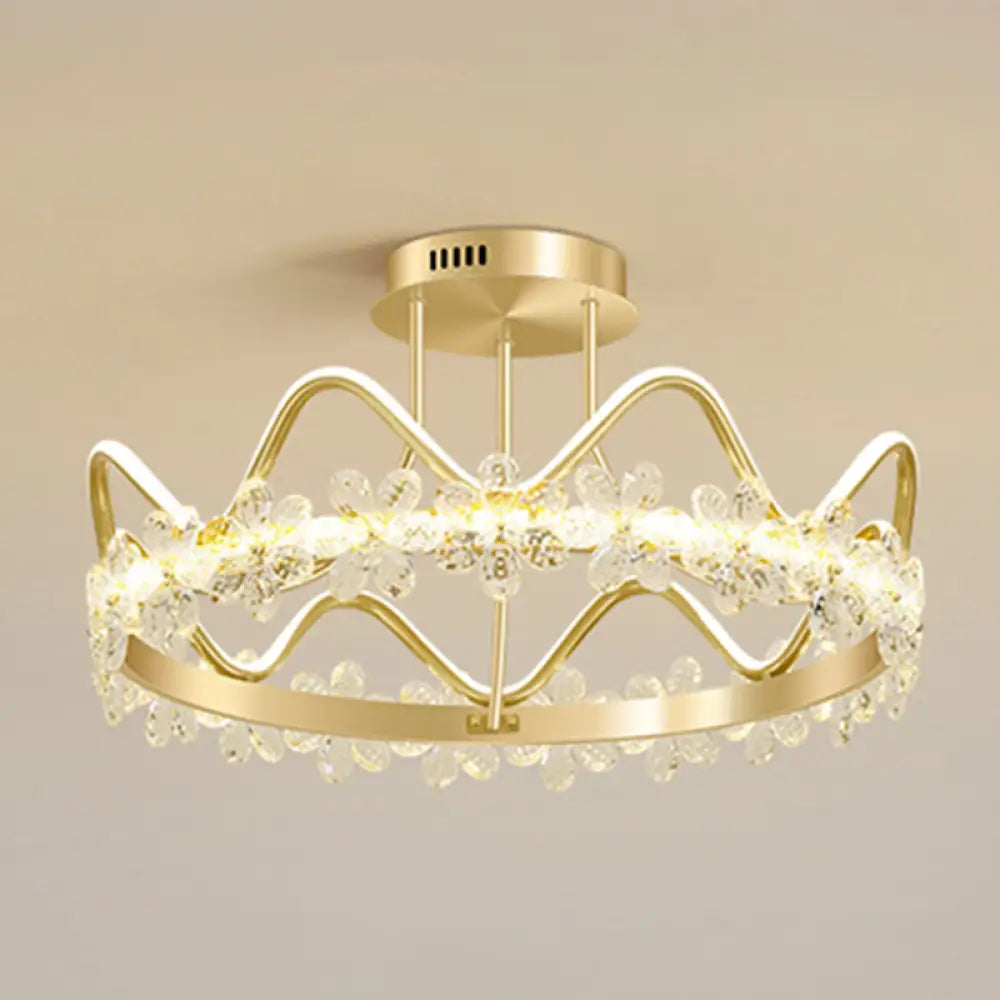 Minimalist Gold Led Ceiling Light With Crystal Flower Design For Bedroom / 25 Remote Control