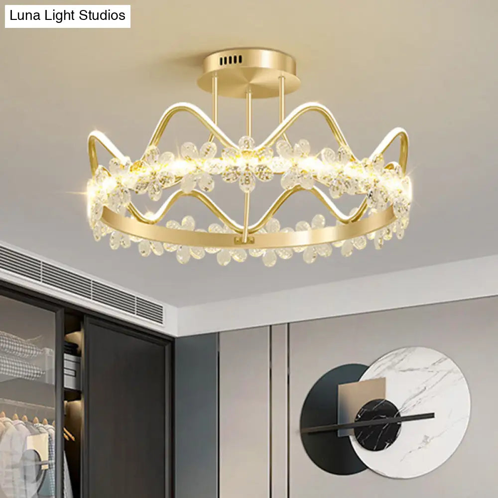 Minimalist Gold Led Ceiling Light With Crystal Flower Design For Bedroom