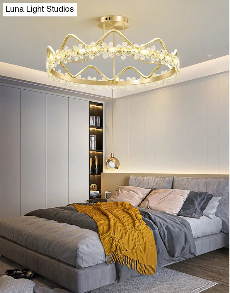 Minimalist Gold Led Ceiling Light With Crystal Flower Design For Bedroom