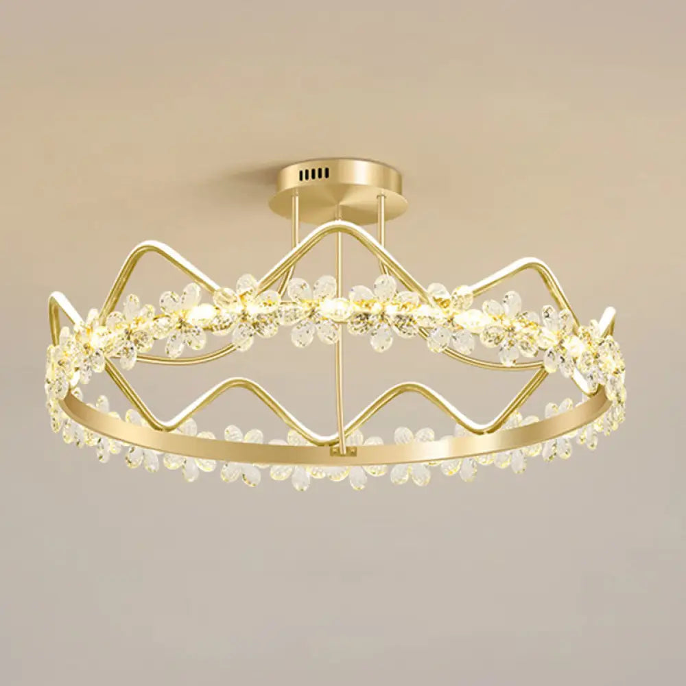 Minimalist Gold Led Ceiling Light With Crystal Flower Design For Bedroom / 32.5 Remote Control