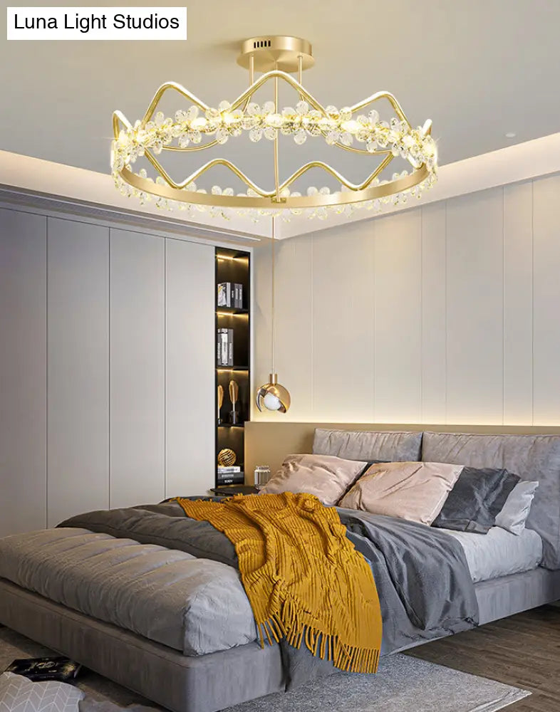 Minimalist Gold Led Ceiling Light With Crystal Flower Design For Bedroom
