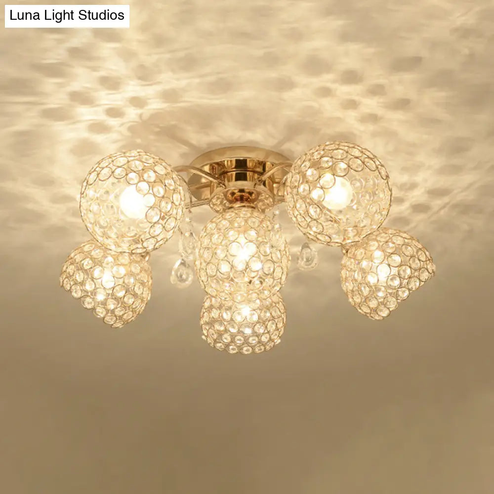 Minimalist Gold Semi-Flush Mount Light With Crystal-Embedded Shade - 6/9 Heads Ceiling Fixture