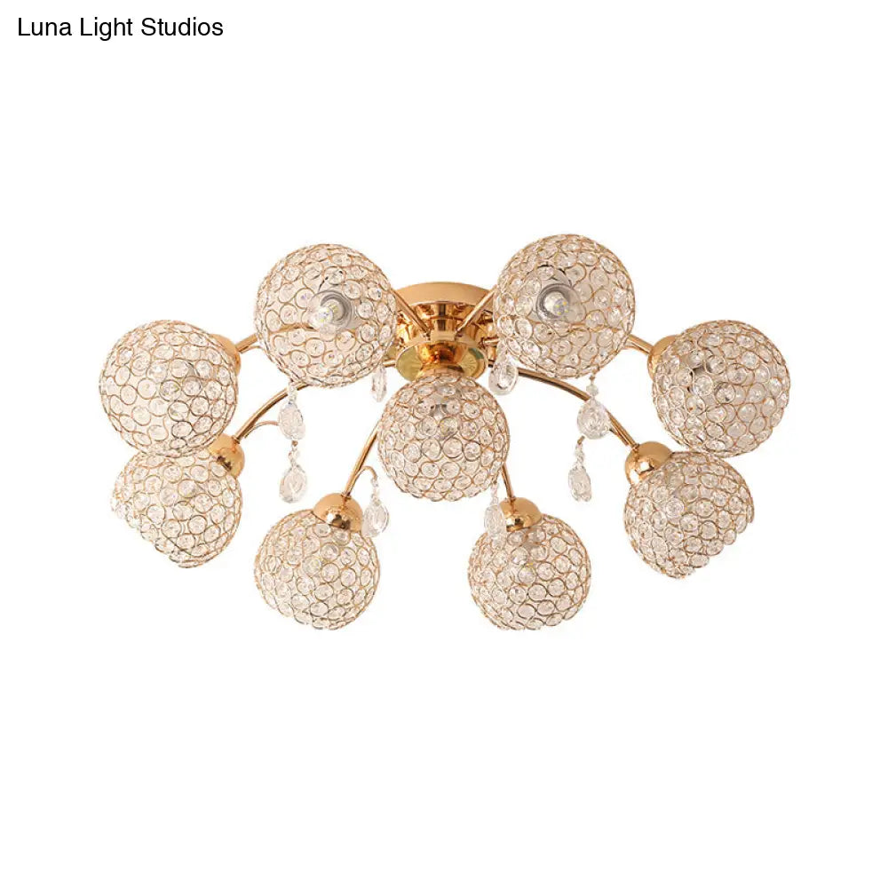 Minimalist Gold Semi-Flush Mount Light With Crystal-Embedded Shade - 6/9 Heads Ceiling Fixture