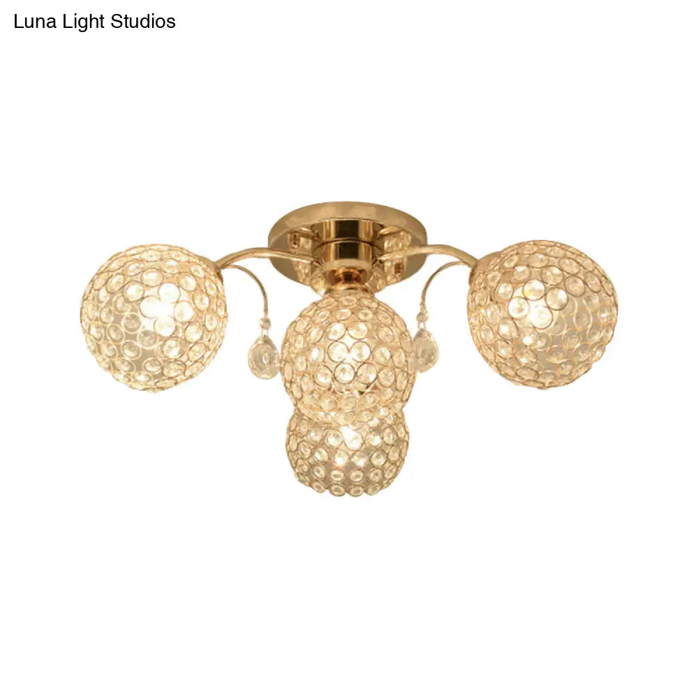 Minimalist Gold Semi-Flush Mount Light With Crystal-Embedded Shade - 6/9 Heads Ceiling Fixture