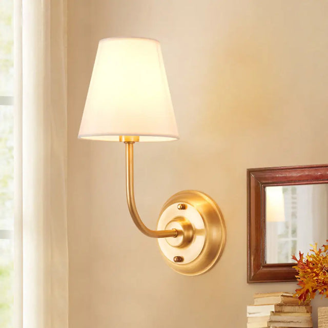 Minimalist Gold Wall Mount Lamp With Conical Fabric Shade - Single Bulb