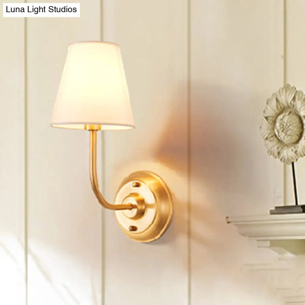 Minimalist Gold Wall Mount Lamp With Conical Fabric Shade - Single Bulb