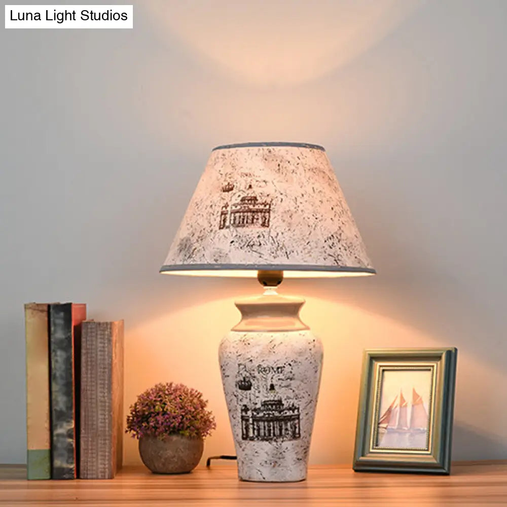Minimalist Grey Porcelain Desk Lamp With Conic Paper Shade - Nightstand Light