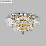 Minimalist Led Bedroom Semi Mount Ceiling Fixture With Floral Crystal Block Shade - Chrome Finish