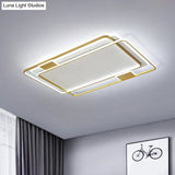 Minimalist Led Ceiling Lamp In Gold: Double Square/Rectangle Flush Mount | Warm & White Light