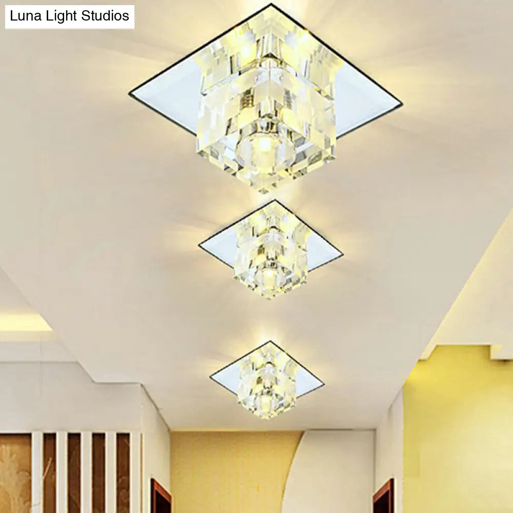 Minimalist Led Ceiling Lamp With Clear Crystal Cube Flush Mount & Checkered Pattern For Living Room