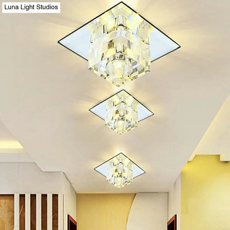 Minimalist Led Ceiling Lamp With Clear Crystal Cube Flush Mount & Checkered Pattern For Living Room
