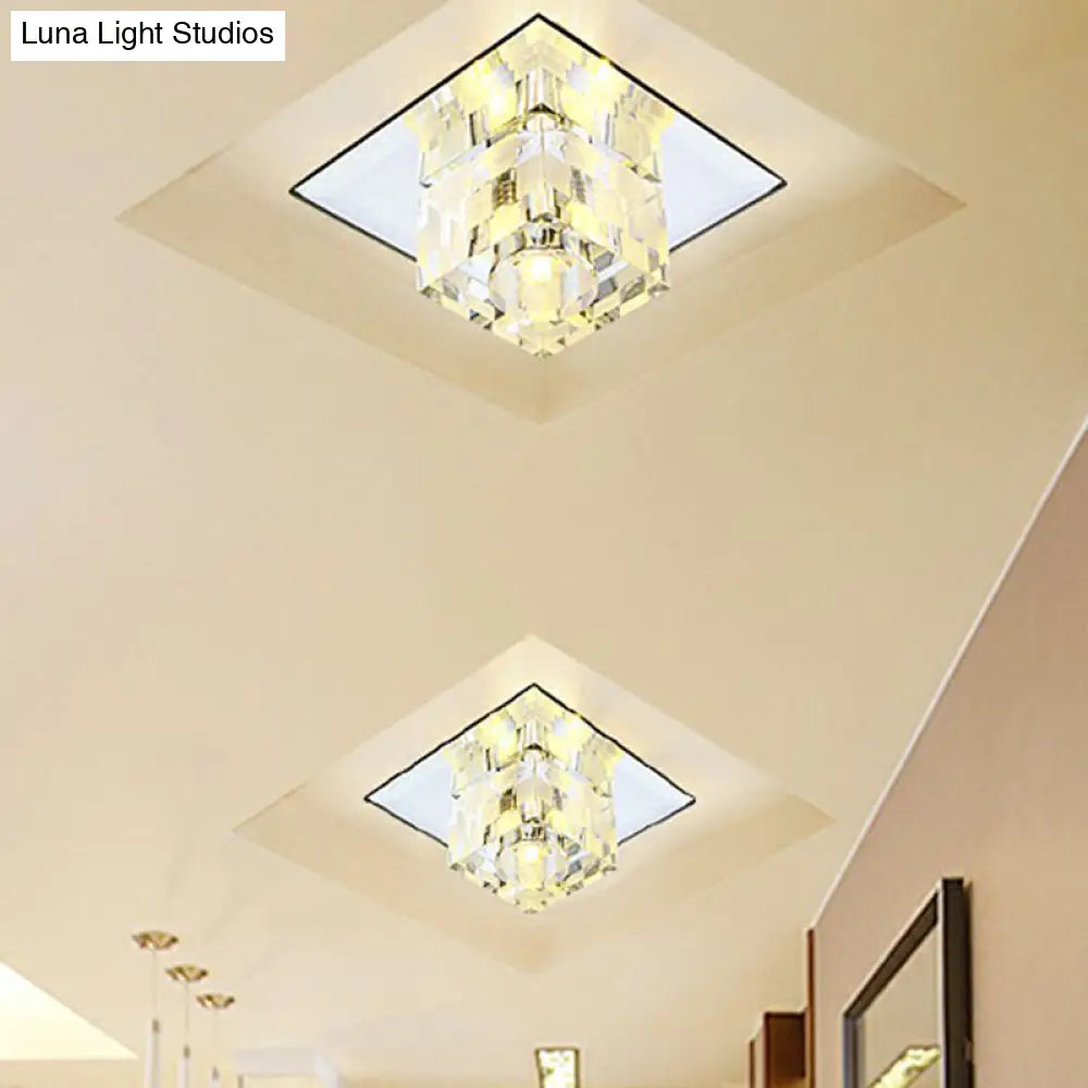 Minimalist Led Ceiling Lamp With Clear Crystal Cube Flush Mount & Checkered Pattern For Living Room