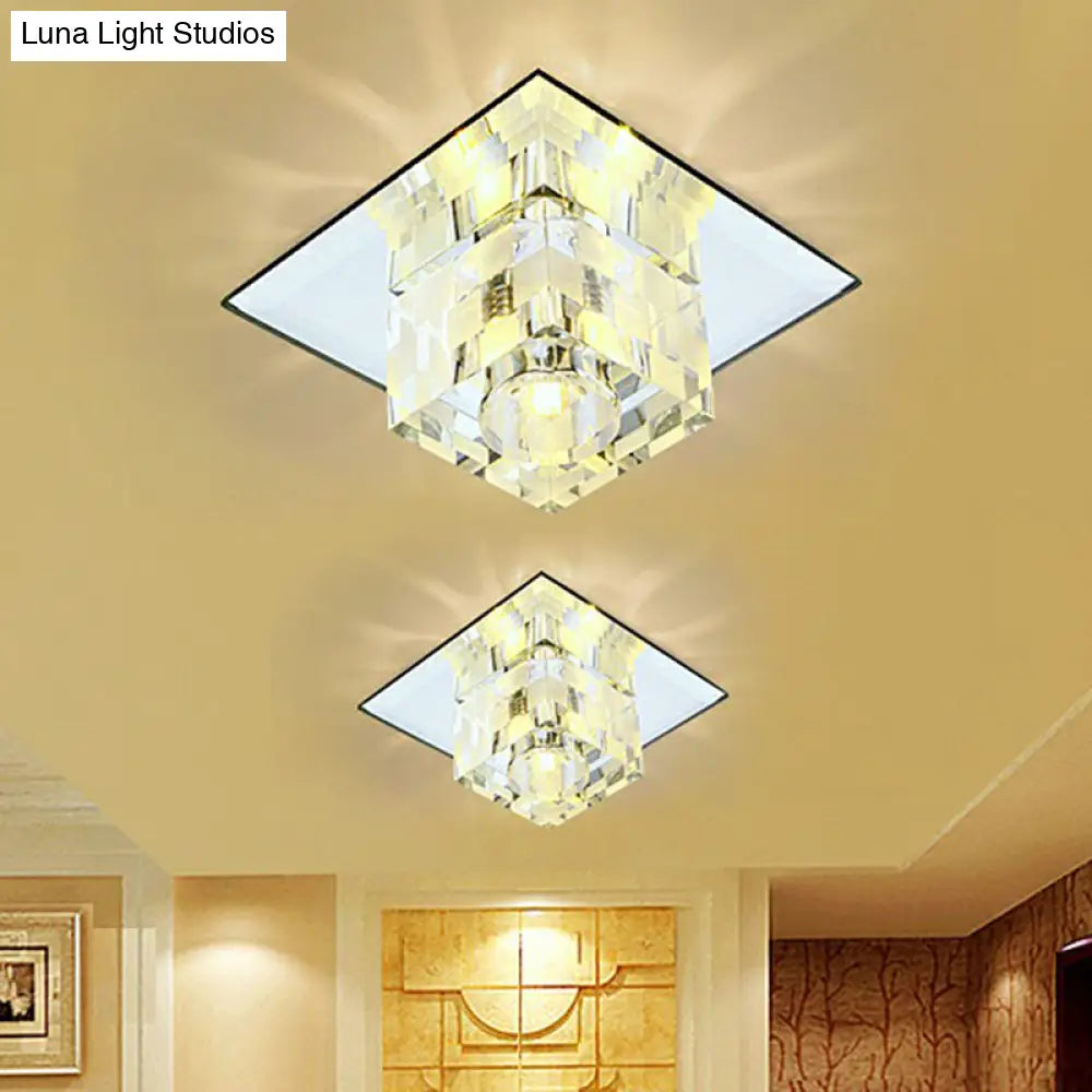 Minimalist Led Ceiling Lamp With Clear Crystal Cube Flush Mount & Checkered Pattern For Living Room