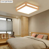 Minimalist Led Flush Light With Acrylic Shade And Natural Wood Square Box Ceiling Lighting In