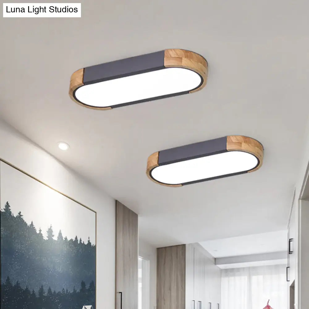 Minimalist Led Flush Mount Ceiling Light: Grey Wood Accent Oblong Shape