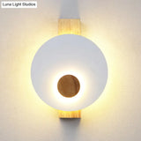Minimalist Led Metal Disk Wall Light Fixture With Wood Backplate - Black/Grey/White