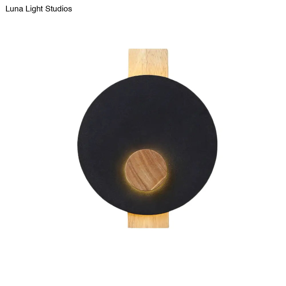 Minimalist Led Metal Disk Wall Light Fixture With Wood Backplate - Black/Grey/White