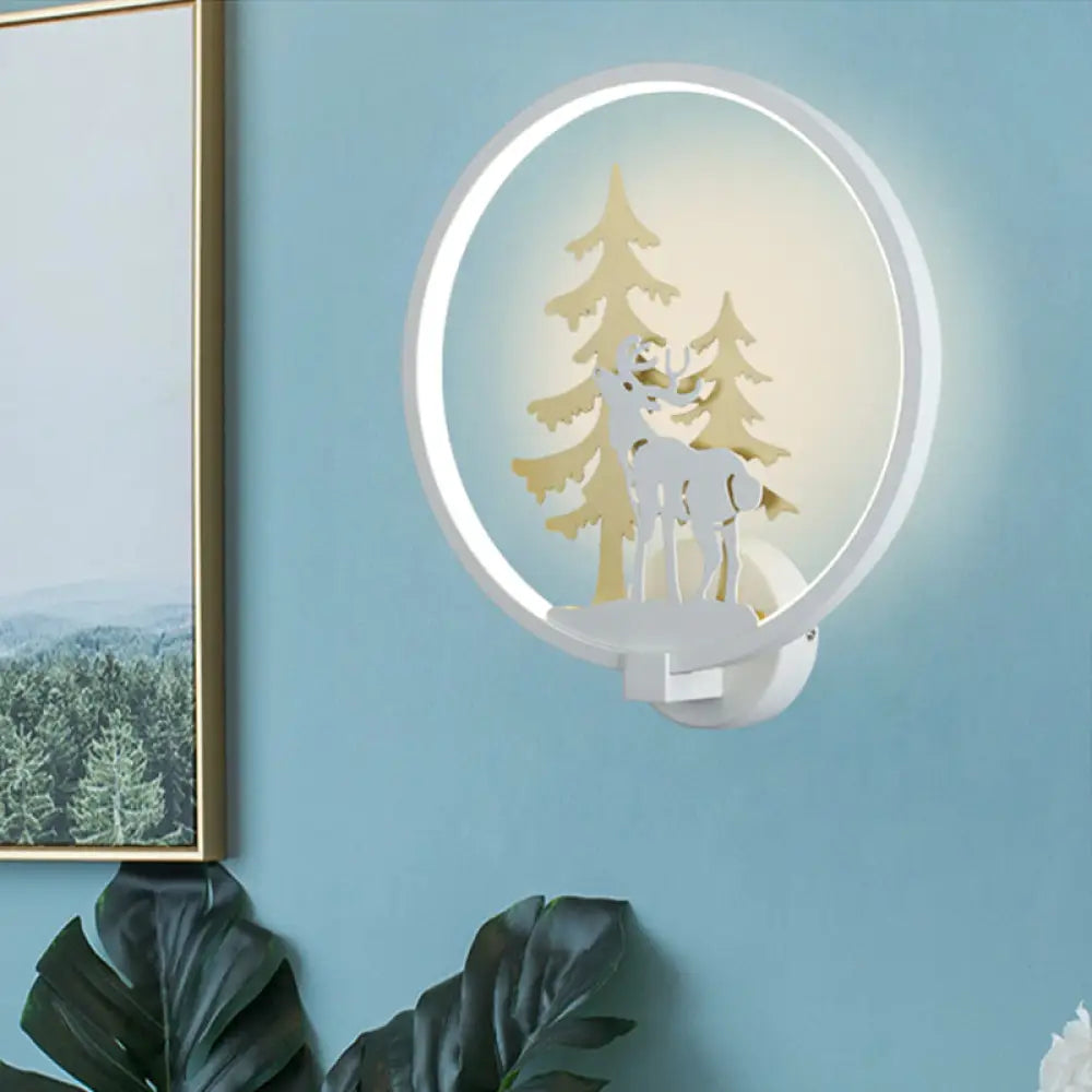 Minimalist Led Metal Wall Light Fixture With Black/White Deer And Tree Mural - Warm/White Lighting