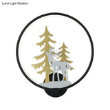 Minimalist Led Metal Wall Light Fixture With Black/White Deer And Tree Mural - Warm/White Lighting
