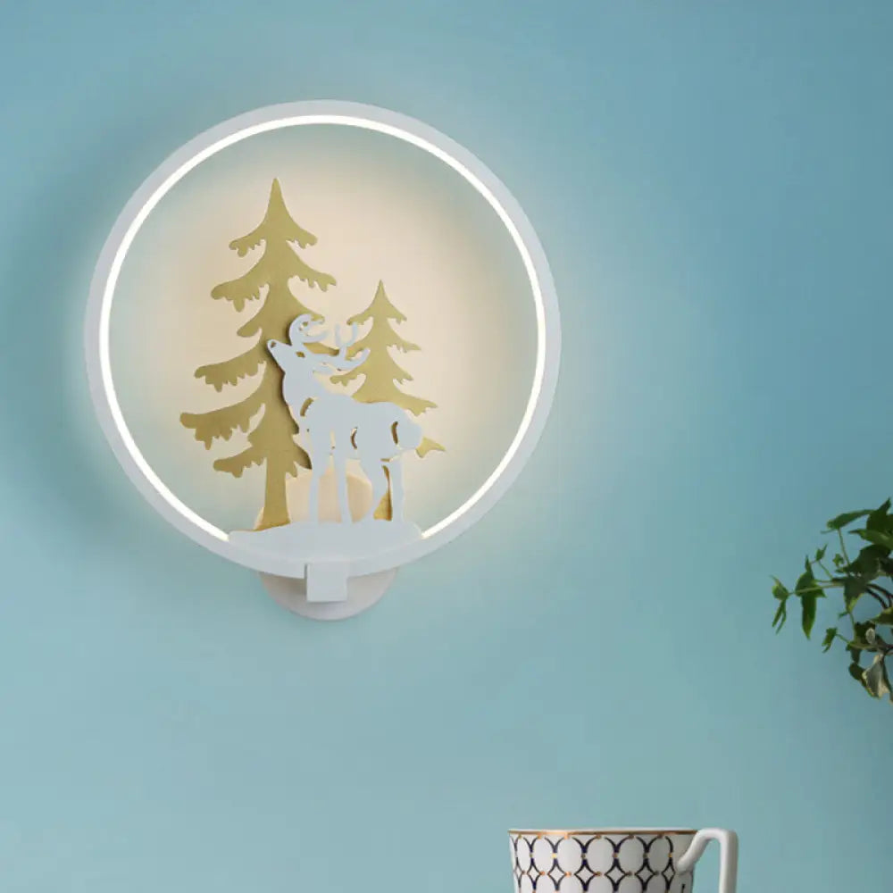 Minimalist Led Metal Wall Light Fixture With Black/White Deer And Tree Mural - Warm/White Lighting