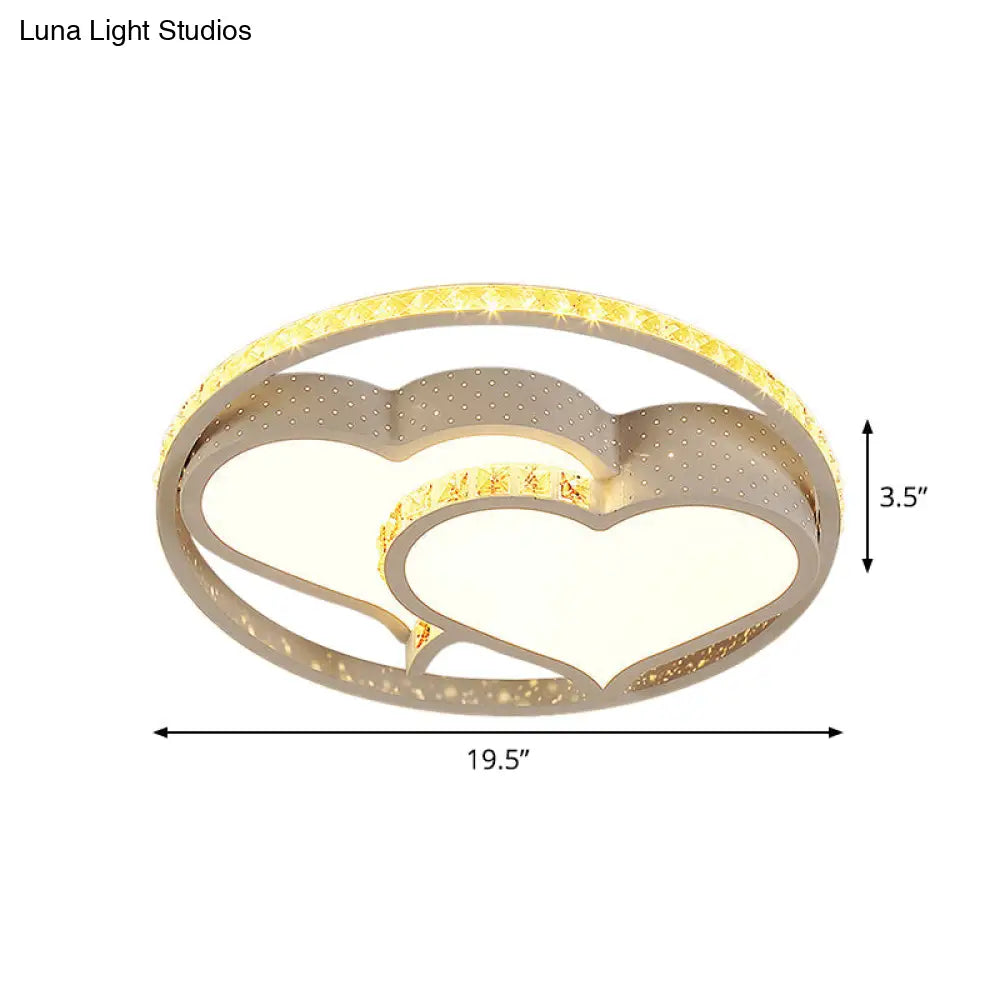 Minimalist Led Parlor Ceiling Light - White Flush Mount Lighting With Crystal Heart/Flower Shade