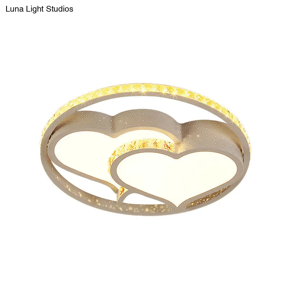 Minimalist Led Parlor Ceiling Light - White Flush Mount Lighting With Crystal Heart/Flower Shade