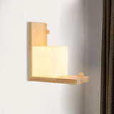 Minimalist Led Wood Panel Wall Sconce With Opal Cube Glass Shade