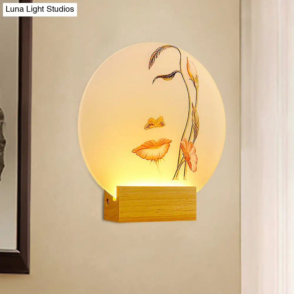Minimalist Led Wood Wall Lamp: Circular Metallic Butterfly And Leaf Mural Lighting