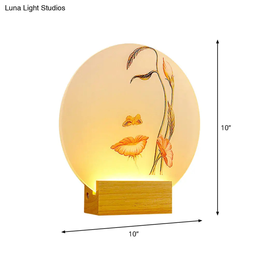 Minimalist Led Wood Wall Lamp: Circular Metallic Butterfly And Leaf Mural Lighting