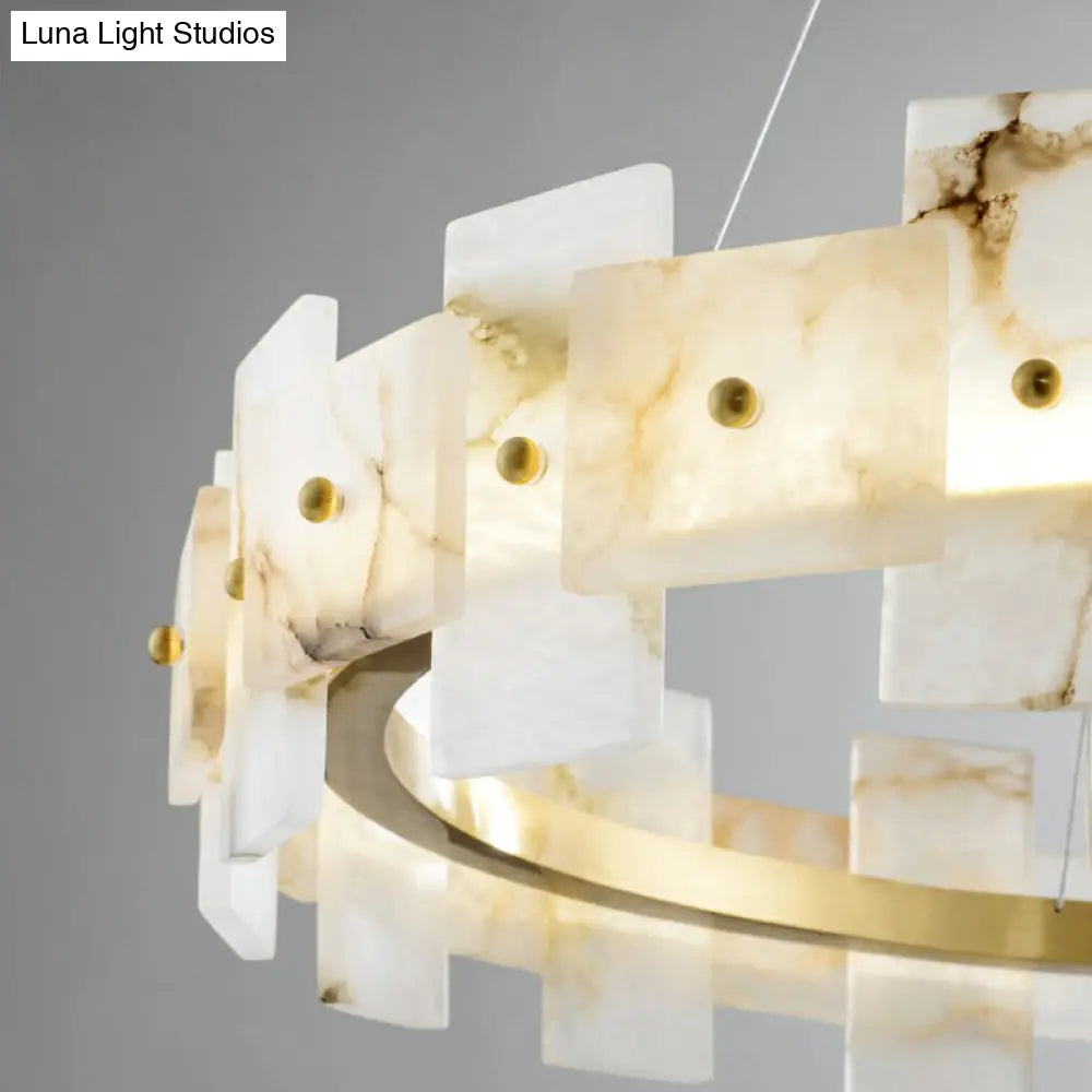 Minimalist Marble Circle Hanging Lamp - White & Brass Led Pendant Light For Dining Room