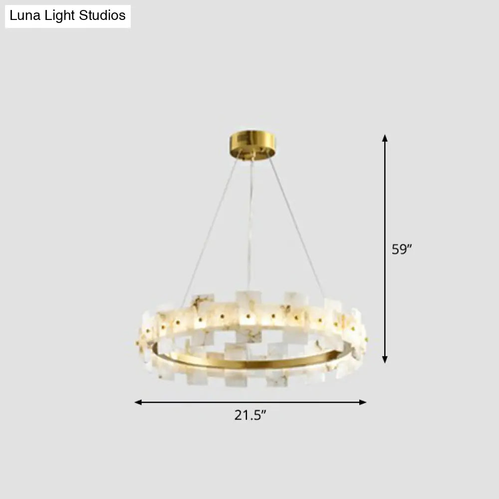 Minimalist Marble Circle Hanging Lamp - White & Brass Led Pendant Light For Dining Room