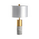 Minimalist Marble Cylindrical Table Light 1-Head Brass And Grey/White Night Lamp With Fabric