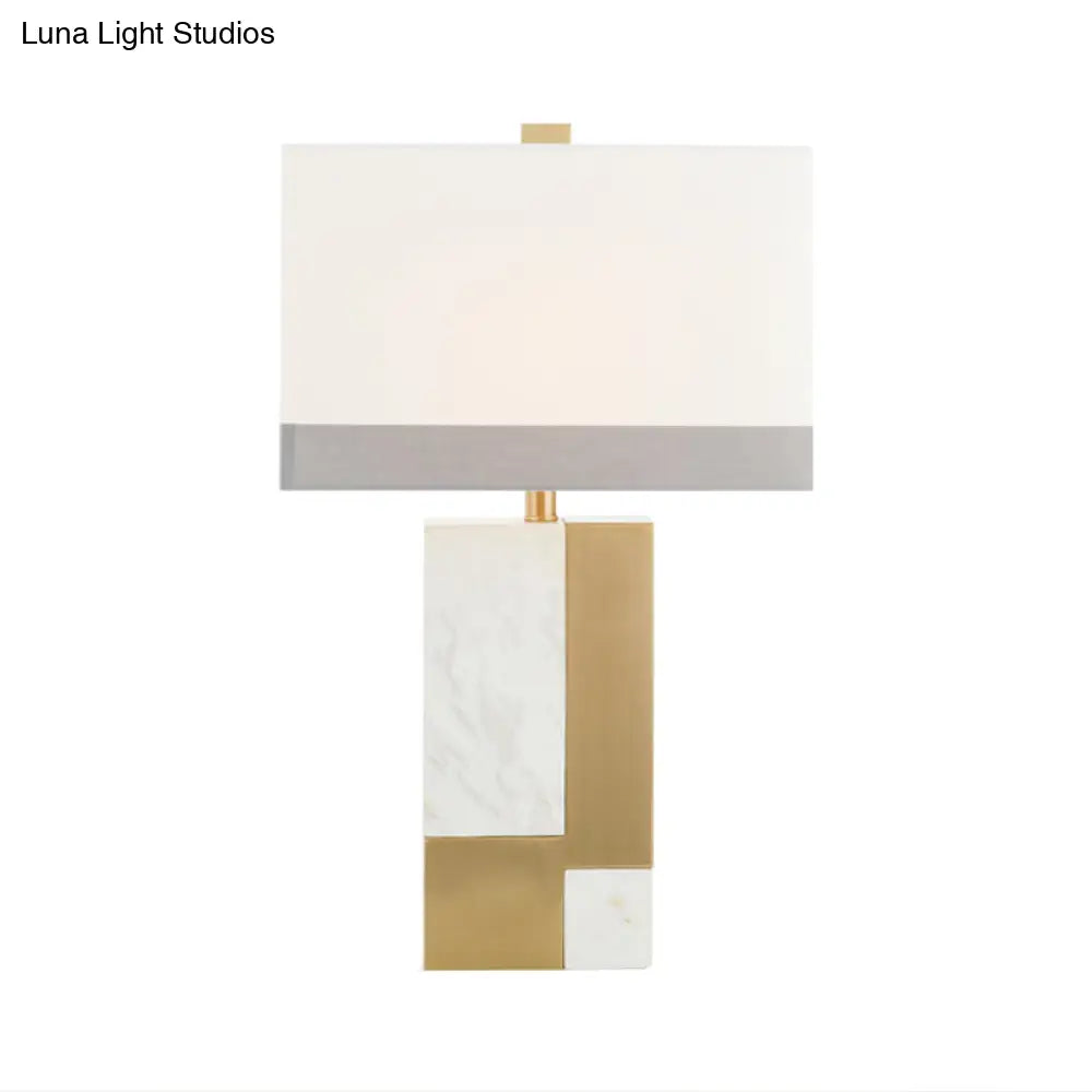 Minimalist Marble Nightstand Lamp: Rectangle Design Grey/White With Brass Colorblock Fabric Shade 1