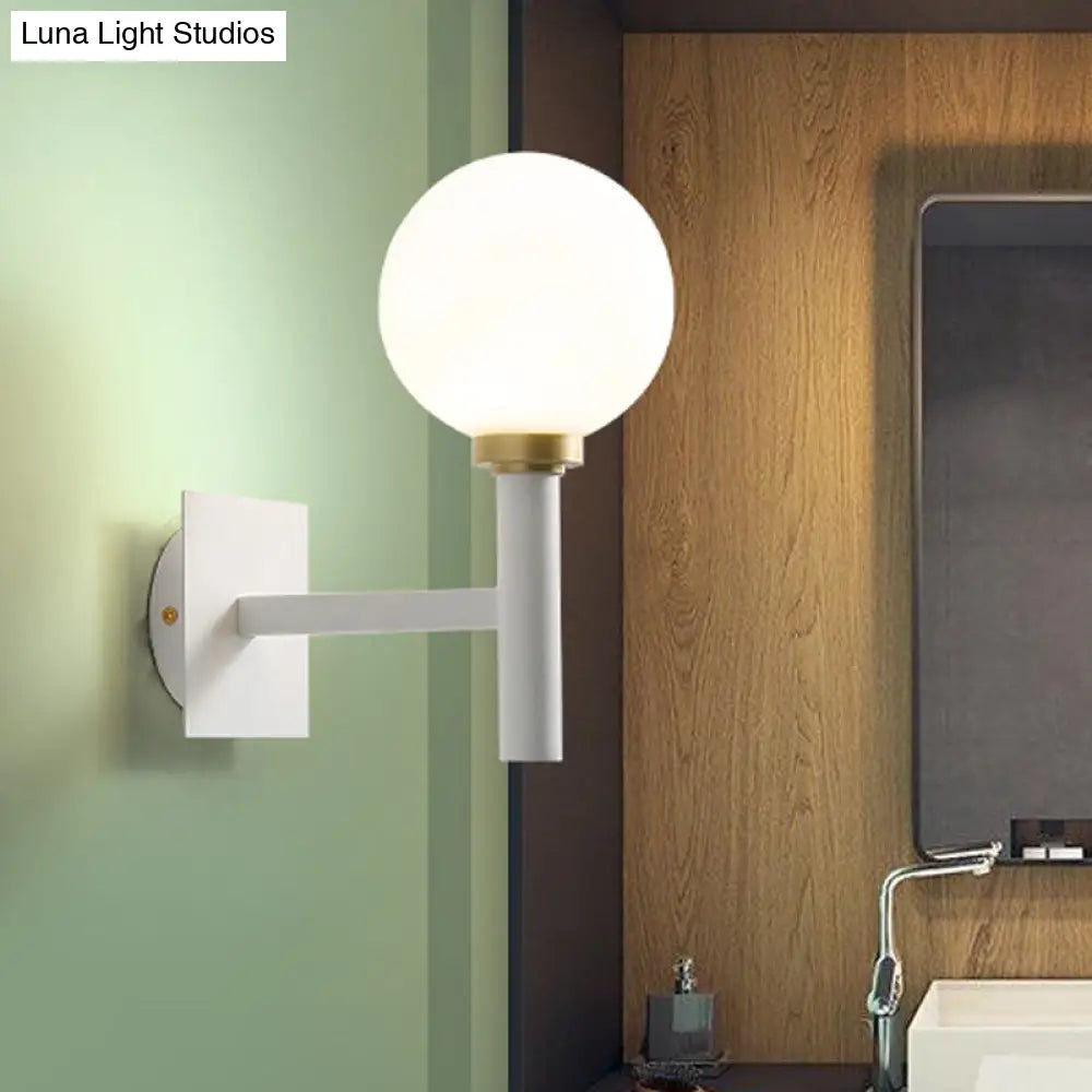 Minimalist Metal-Armed Wall Lamp With Opal Glass Shade - White Sconce Light Fixture (1 Bulb)
