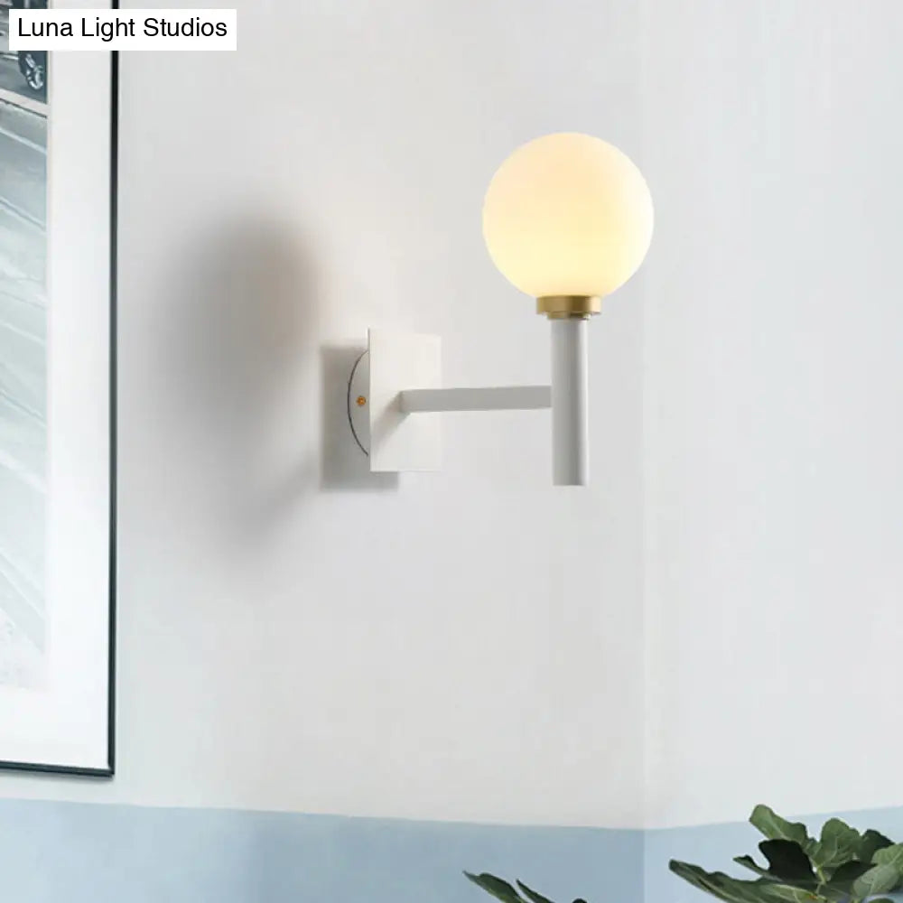 Minimalist Metal-Armed Wall Lamp With Opal Glass Shade - White Sconce Light Fixture (1 Bulb)