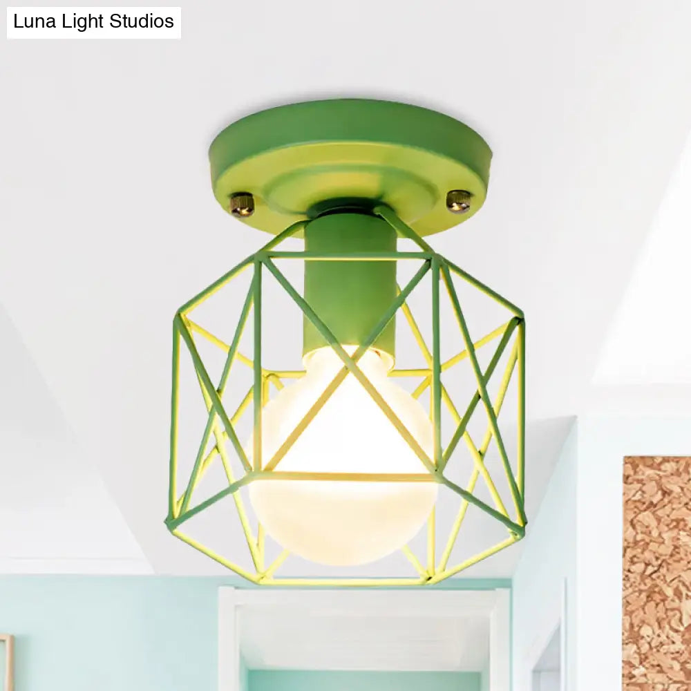 Minimalist Metal Frame Ceiling Mounted Light With White Pink And Green Accents - Ideal For Cloakroom