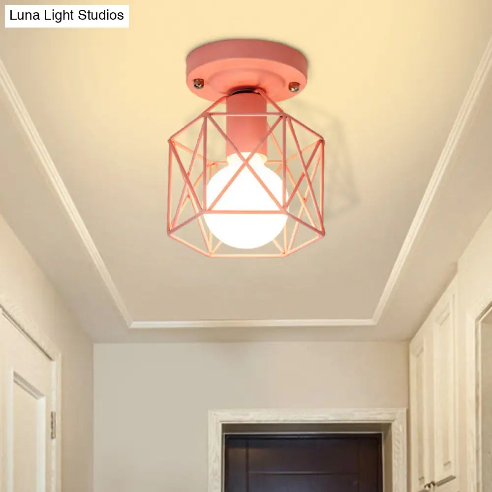 Minimalist Metal Frame Ceiling Mounted Light With White Pink And Green Accents - Ideal For Cloakroom