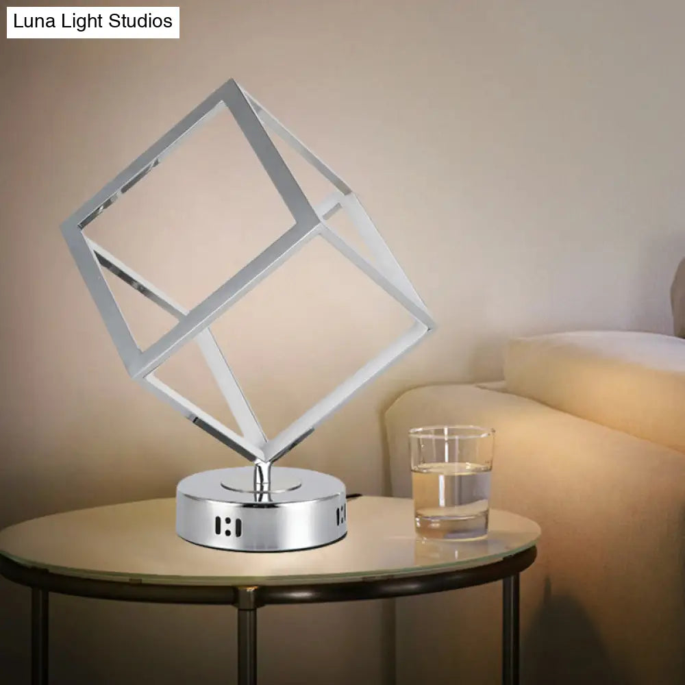 Minimalist Metal Led Bedside Lamp With Chrome Finish - Cubic Frame Round Base