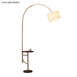 Minimalist Metallic Arched Floor Lamp With Drum Fabric Shade In Gold