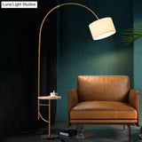 Minimalist Metallic Arched Floor Lamp With Drum Fabric Shade In Gold