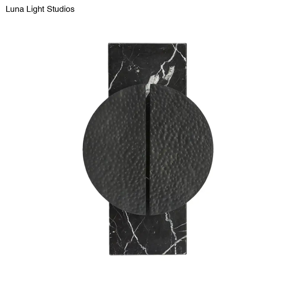 Minimalist Metallic Circle Wall Lamp With Led Sconce - Black/White Rectangle Marble Backplate