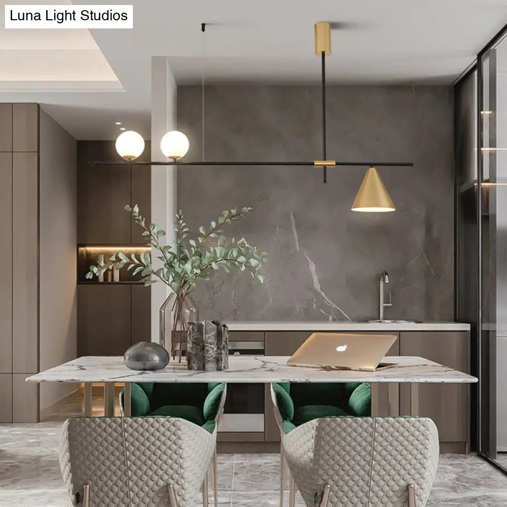 Minimalist Modern Linear Chandelier With Spherical White Glass Ceiling Light Fixture