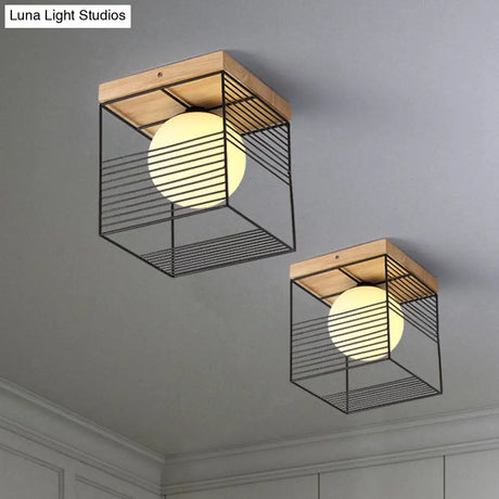 Minimalist Nordic Cage Ceiling Light With Glass Shade And Wood Canopy - Black/White Cubic Iron Flush
