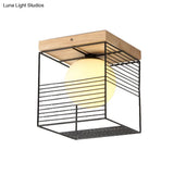 Minimalist Nordic Cage Ceiling Light With Glass Shade And Wood Canopy - Black/White Cubic Iron Flush