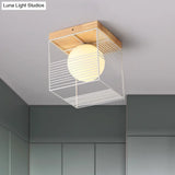 Minimalist Nordic Cage Ceiling Light With Glass Shade And Wood Canopy - Black/White Cubic Iron