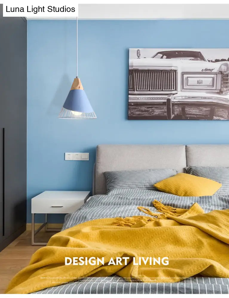 Minimalist Nordic Macaroon Hanging Light With Solid Wood Shade For Bedroom