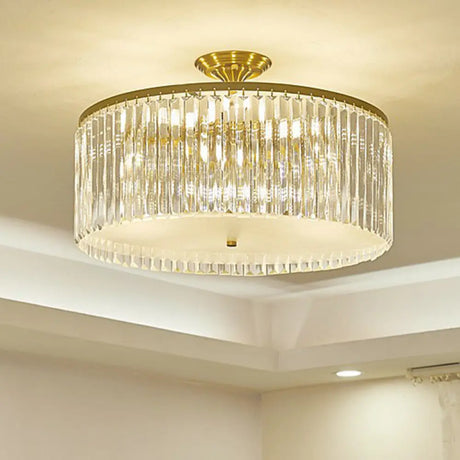 Minimalist Semi Flush Mount Ceiling Light With Clear Crystal Drum Shade - Bedroom Close To / 21.5’